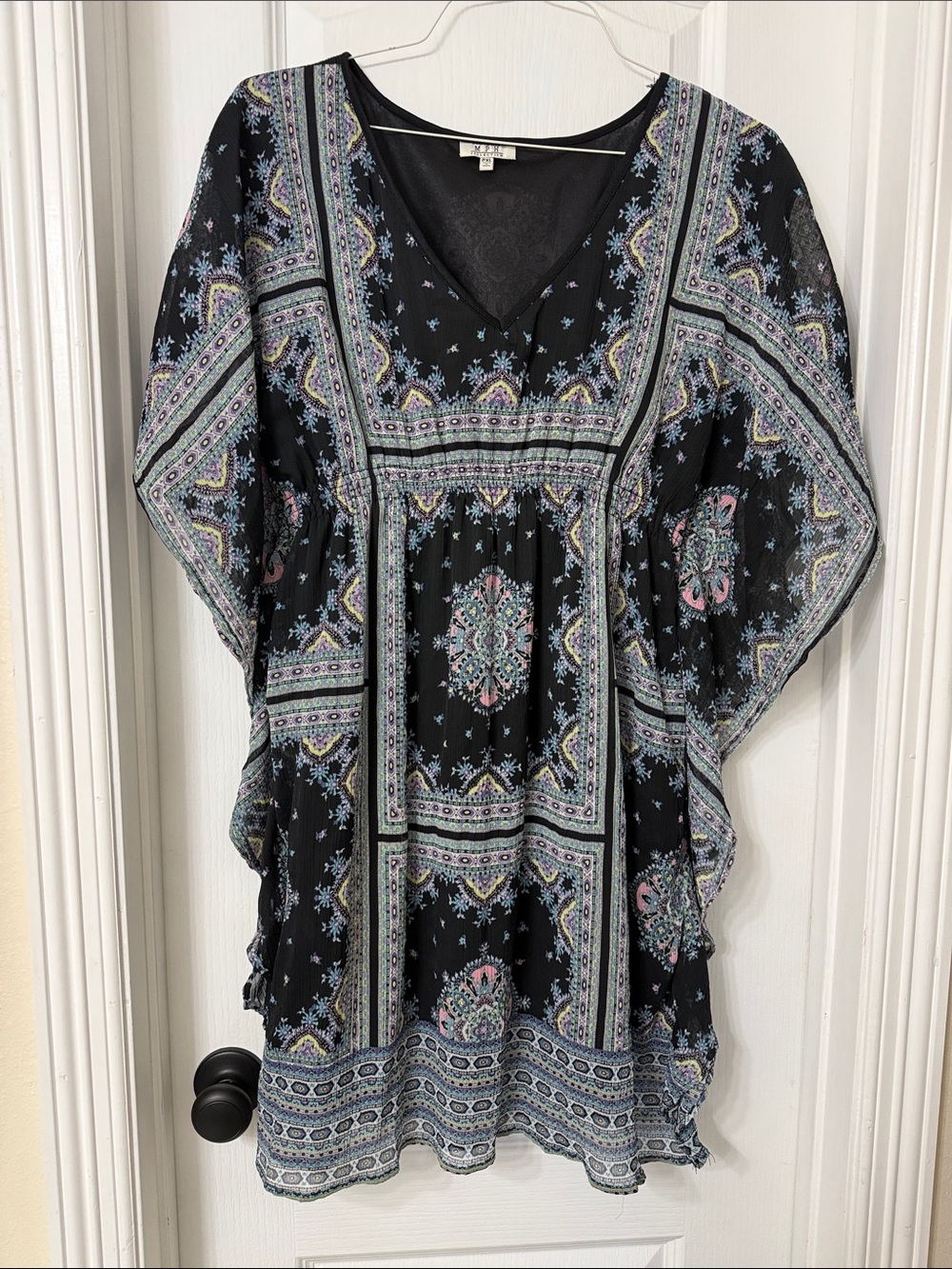 MPH collection black boho kaftan dress V-neck elastic waist short sleeve PXL